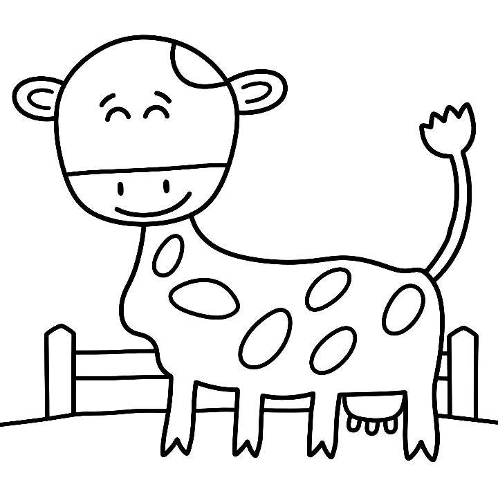 Coloring page: a smiling cow with closed happy eyes, a few big spots, an udder and a tufted tail, standing by a short fence