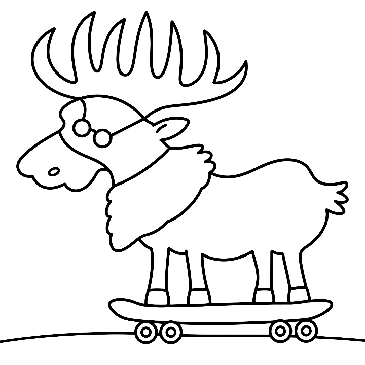 Coloring page: a moose in sunglasses with big pointed antlers riding a skateboard