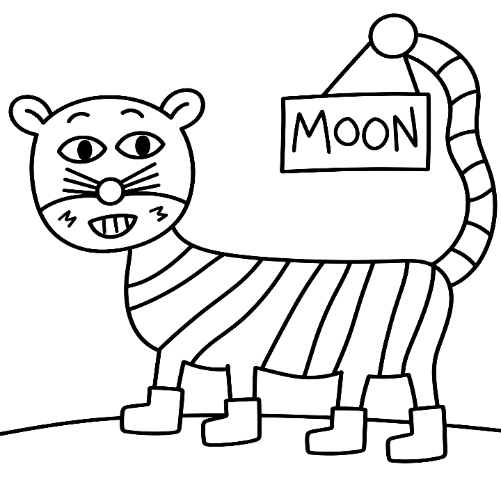 Coloring page: a striped tiger in boots with an awkward toothy grin, its tail holding a sign that says MOON