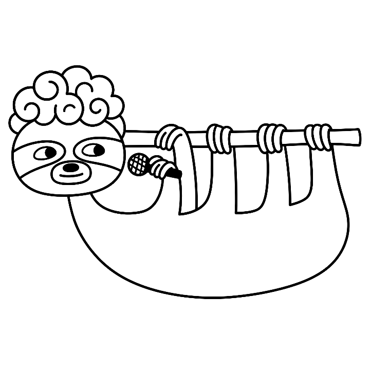 Coloring page: a sloth with curly hair hanging under a branch and singing into a small microphone