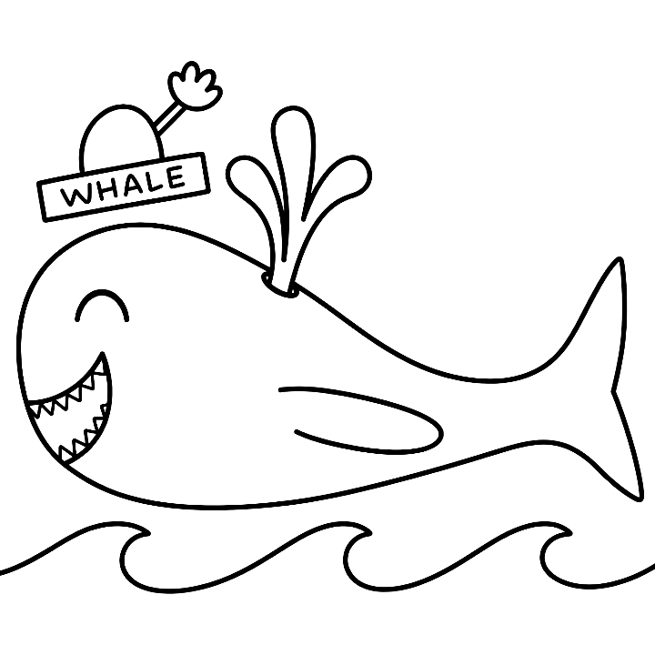 Coloring page: a grinning whale with a water spout and a small hat that says WHALE floating above its head